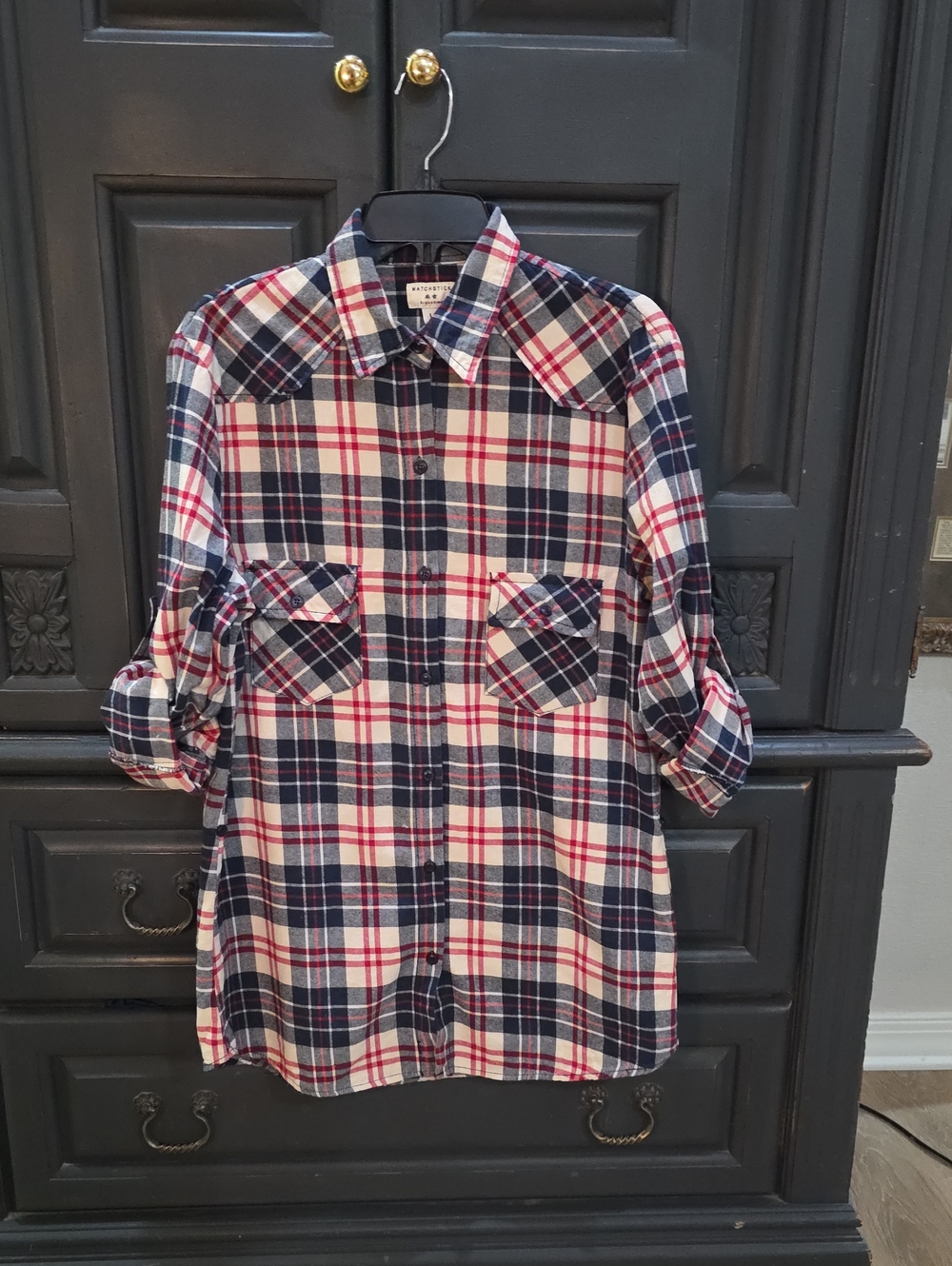 Matchstick Plaid Button-Up Shirt in Navy, Red & Cream Womens Cotton Warm